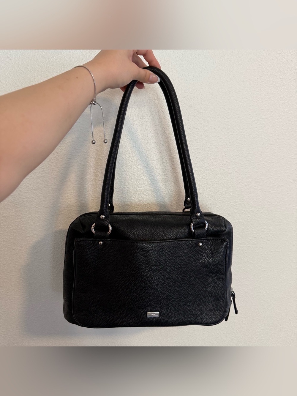 lulu guinness structured dual top polka dot lined pebbled leather hangbag